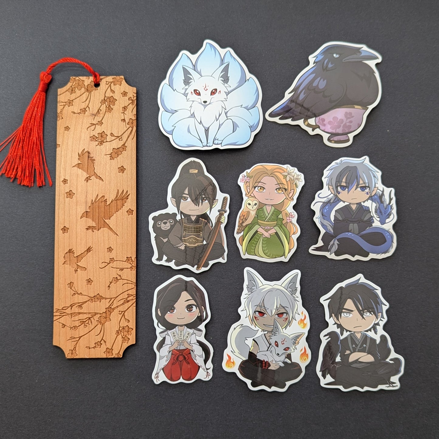 Red Winter Etched Wooden Bookmark and Sticker Bundle