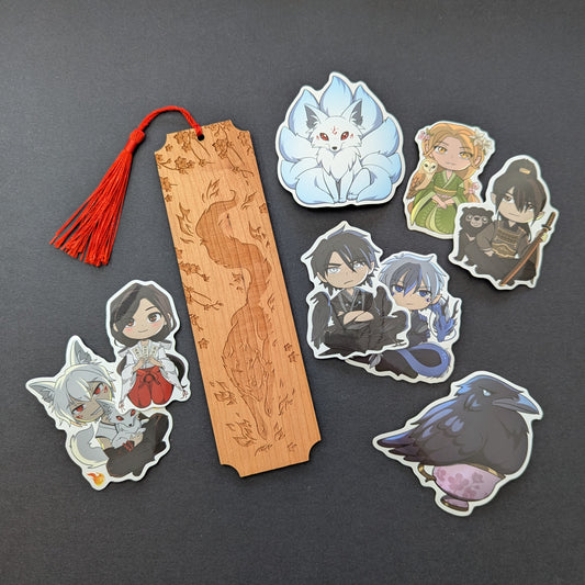 Red Winter Etched Wooden Bookmark and Sticker Bundle